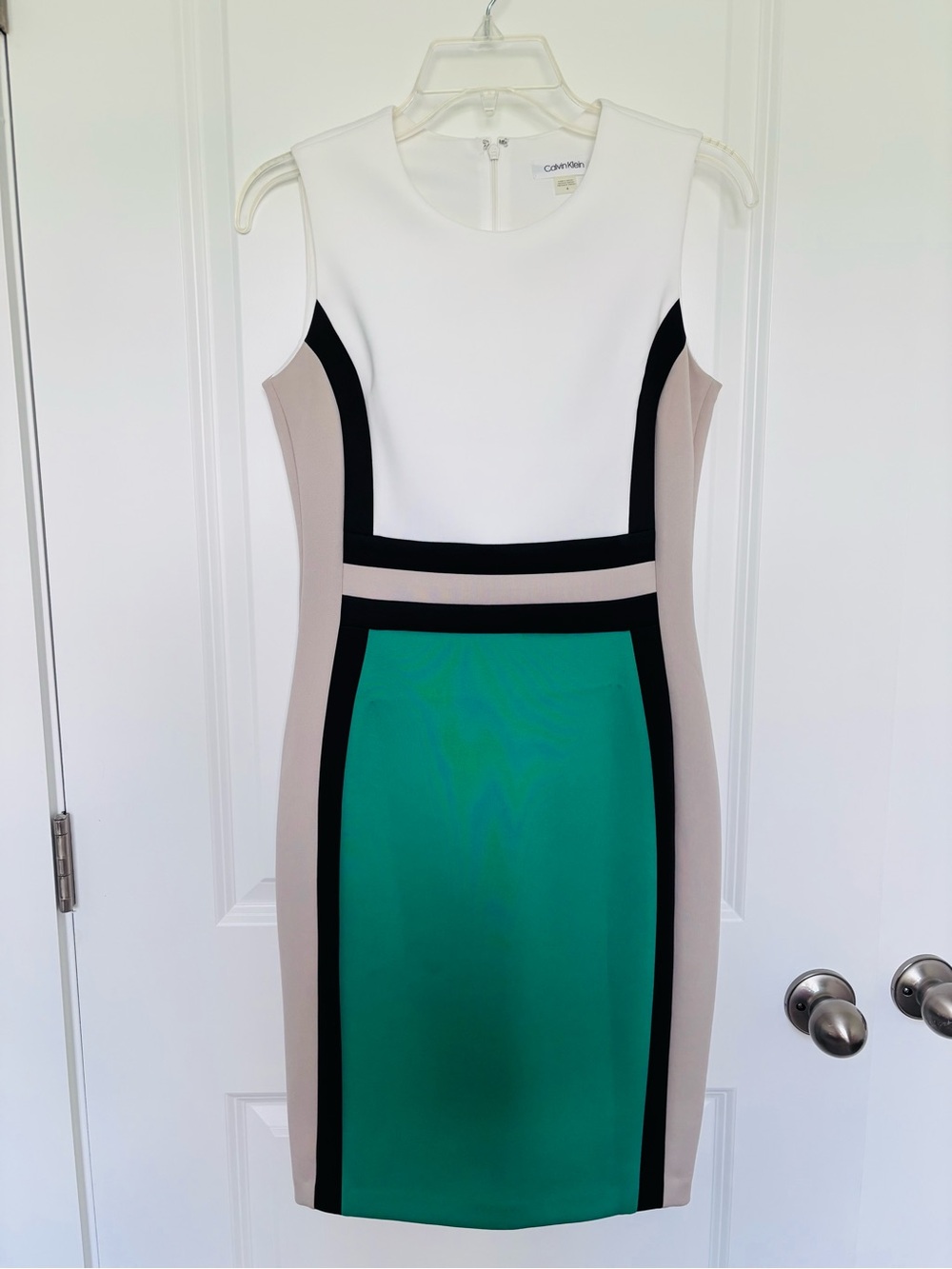 Calvin Klein White, Taupe, Black & Green Colorblock Midi Dress